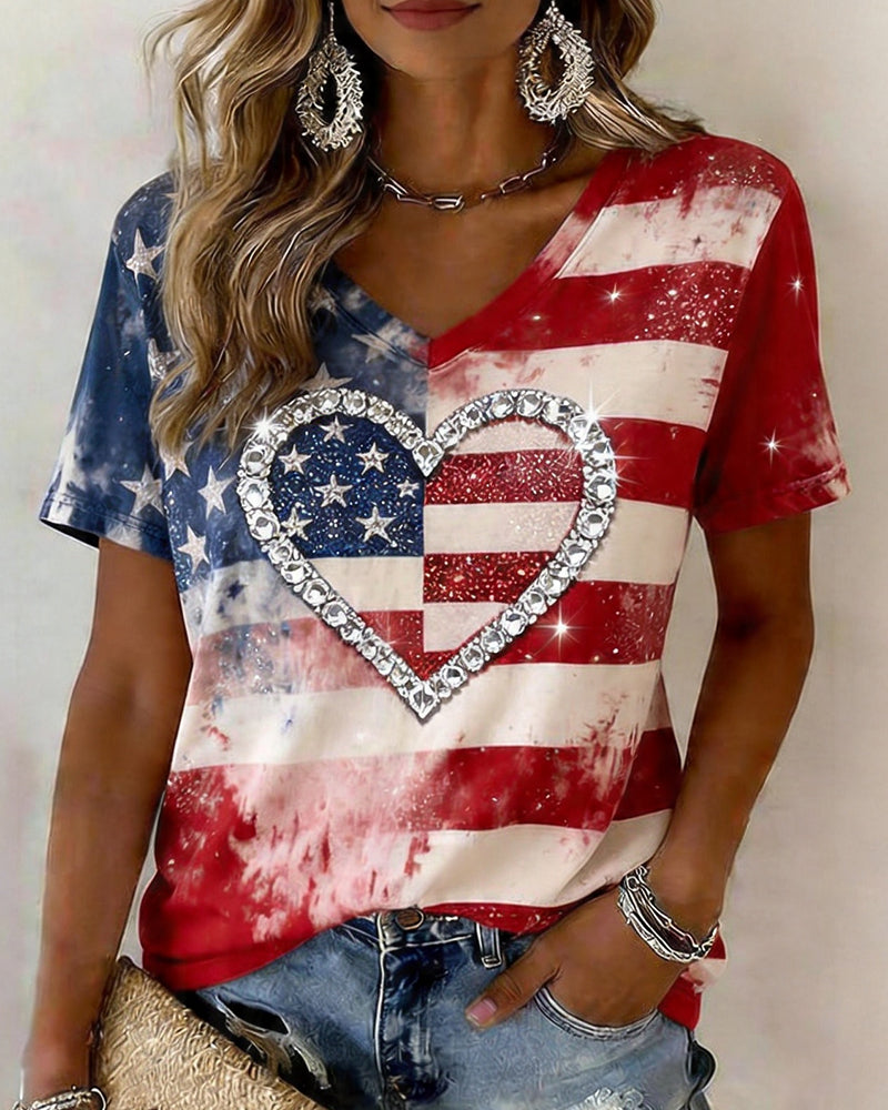 American Flag Rhinestone Printed V-Neck Short-Sleeve T-Shirt