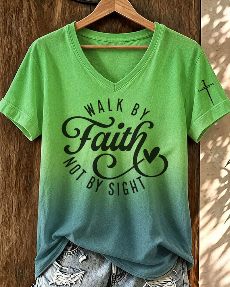 WALK BY FAITH Cross Printed V-Neck Short Sleeve Tee