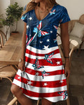 Stars And Stripes Butterfly Print V-Neck Short-Sleeved Loose A- Line Skirt