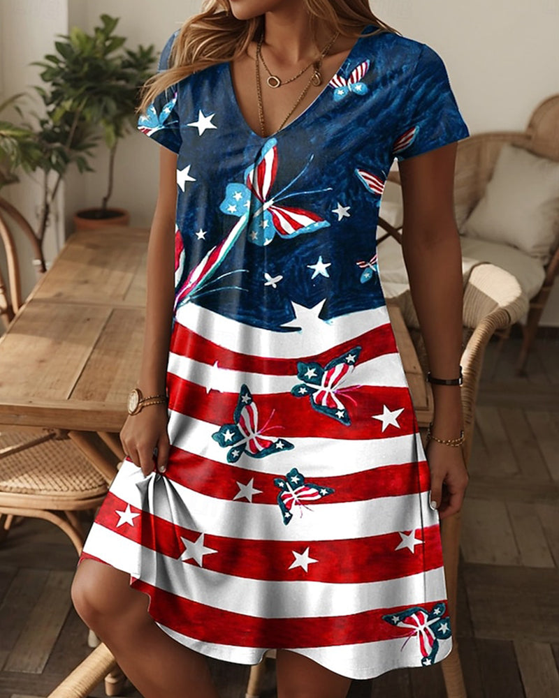 Stars And Stripes Butterfly Print V-Neck Short-Sleeved Loose A- Line Skirt