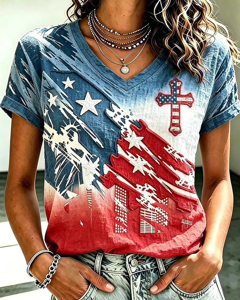 Independence Day Gradient Stars And Stripes Five-pointed Star Flag Cross V-Neck Short-sleeved T-shirt