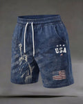 Old Washed Blue Liberty USA Stars And Stripes Print Casual Shorts