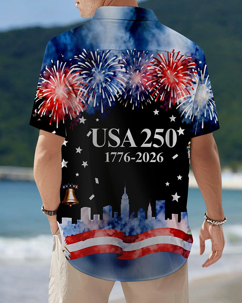 USA 250 Anniversary Fireworks Liberty Print Short Sleeve Shirt