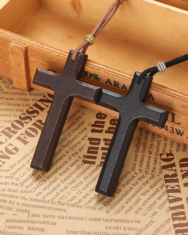 Vintage Handmade Double Layer Alloy Wood Cross Couple Necklace Car Hanging Accessories