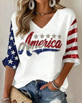 America Letter Hot Drilling Flag Element Color Contrast Seven-Sleeve V-Neck T-Shirt