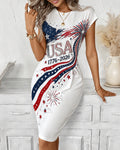 USA1776-2026 Fireworks Five-pointed Star Print Side Kink Slim Dress