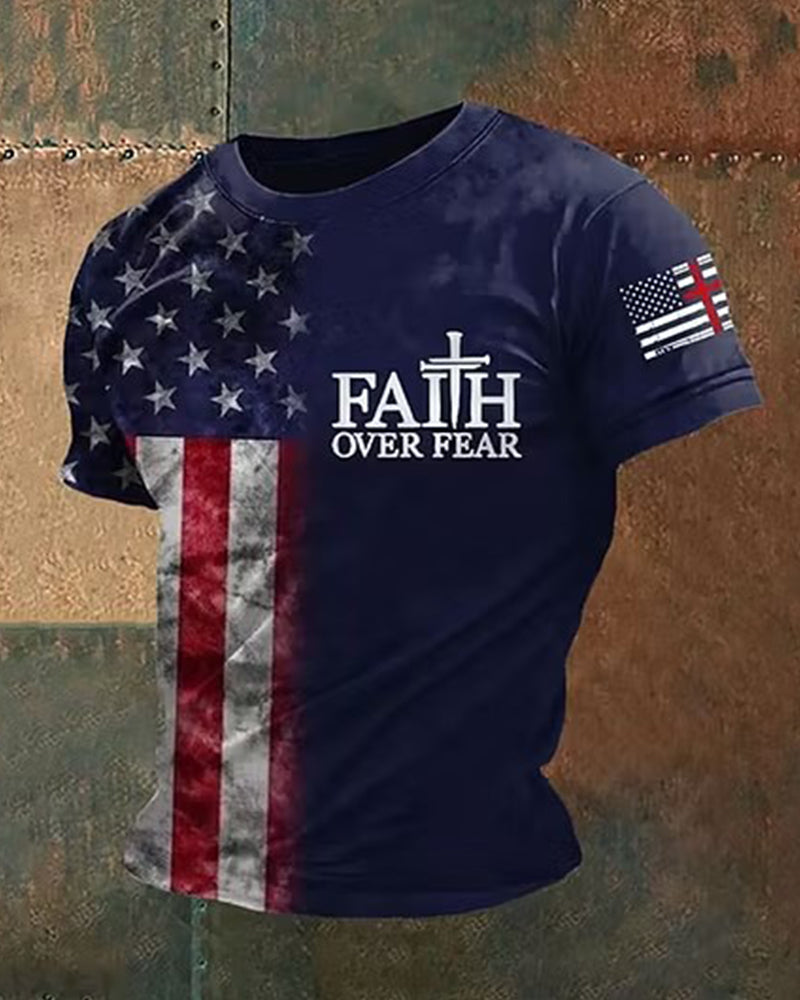 FAITH OVER FEAR Faith Theme Distressed Flag Print T-shirt
