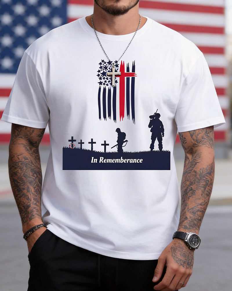 US Memorial Day Cross Flag Soldier Silhouette Print Crewneck Short Sleeve Tee