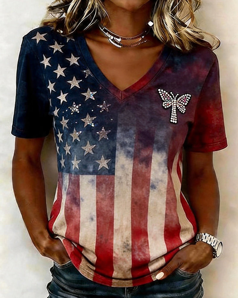 American Flag Dressed Butterfly Rhinestone Print V-Neck Short Sleeve Tee