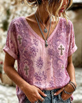 Vintage Floral Lace Patchwork Printed V-Neck Tee