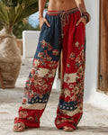 Red And Blue Color-block Flag Floral-Print Pants