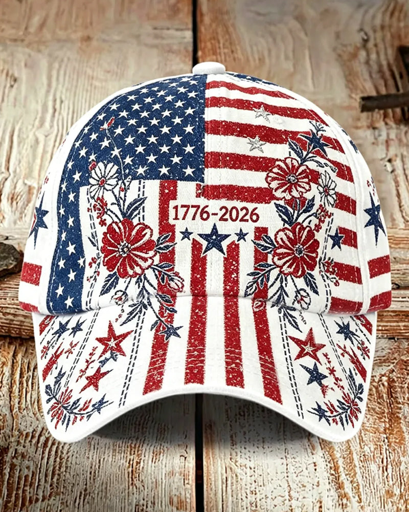 Do Old Grinding White Stars And Stripes 1776-2026 Flower Five-pointed Star Printed Casual Cap