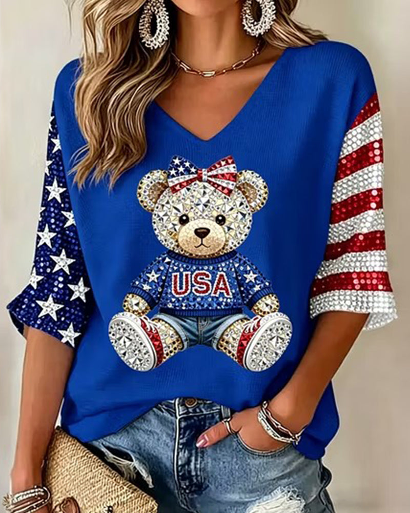 USA Bear Rhinestone Stars And Stripes Color Contrast Seven-Sleeve V-Neck T-Shirt