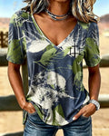 Stressed Leaves Three Cross Printed Casual V-Neck Short Sleeve T-Shirt
