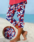 Red Blue White Tricolor Floral Print Stretch Cropped Leggings