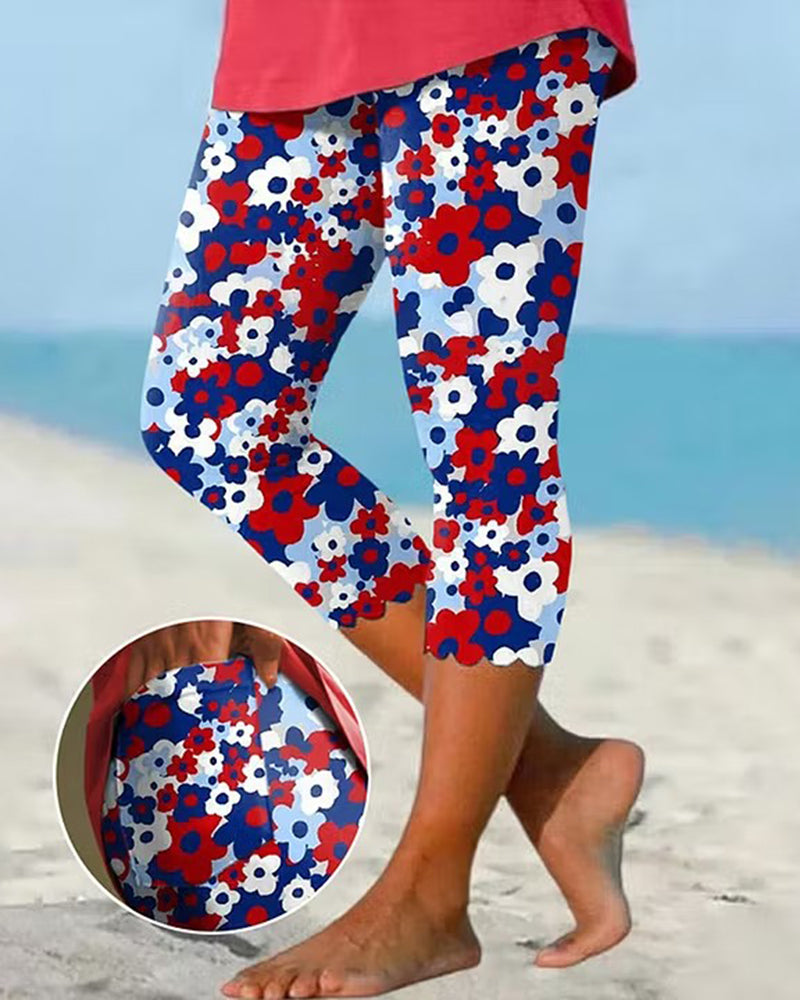 Red Blue White Tricolor Floral Print Stretch Cropped Leggings