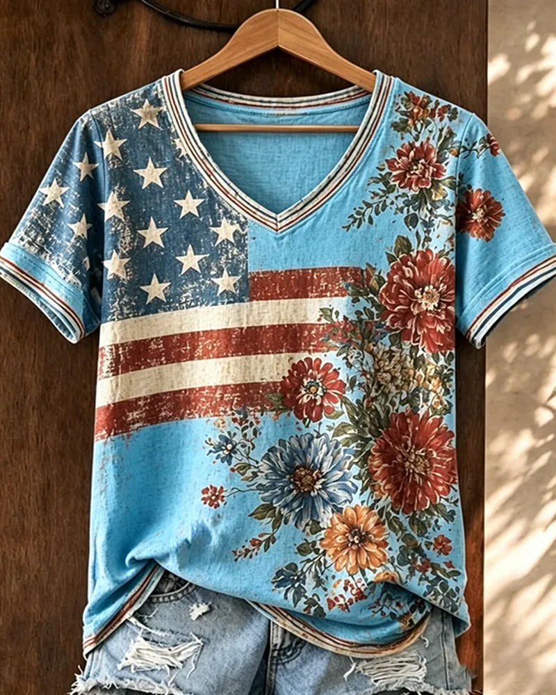 Vintage Grinding White Flag Watercolor Floral V-Neck Short Sleeve Top