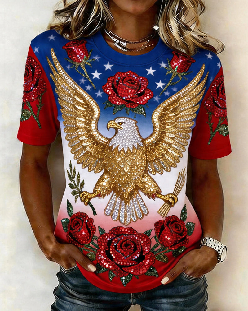 American Flag Gradient Rose Eagle Rhinestone Print Crewneck Short-Sleeve T-Shirt