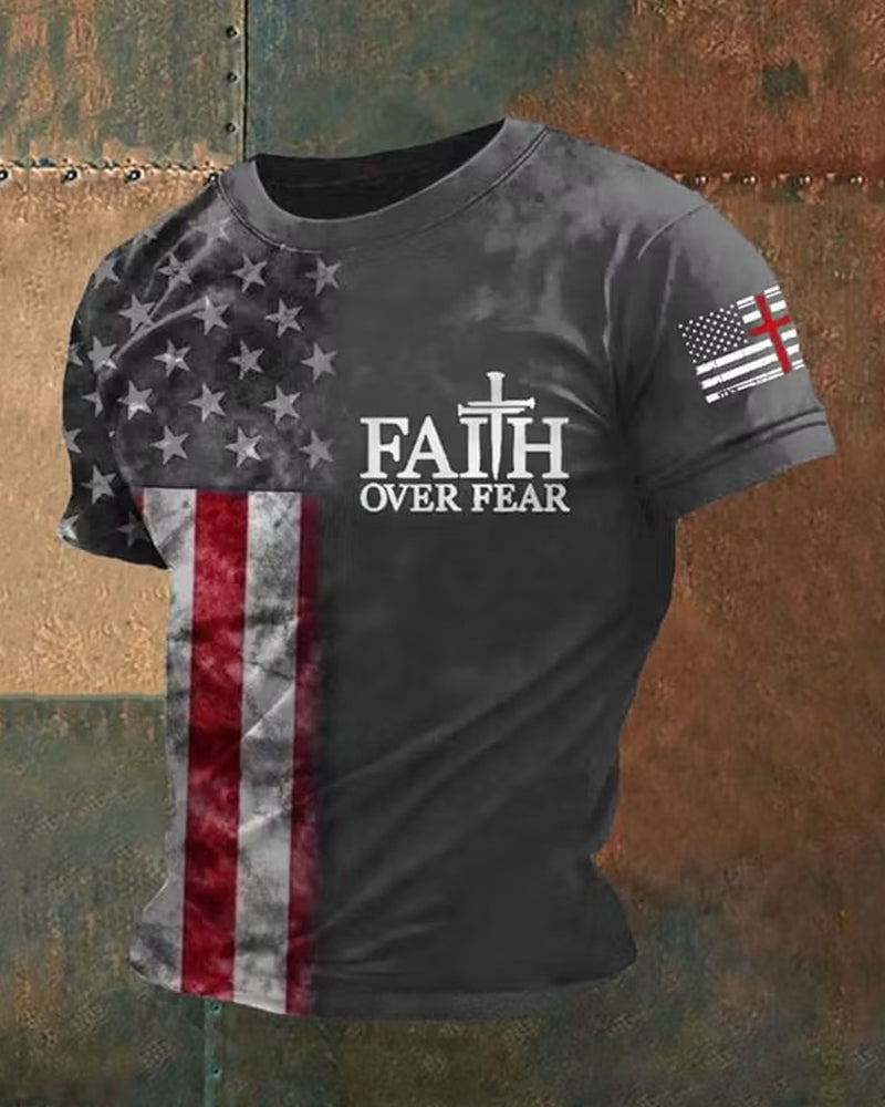 FAITH OVER FEAR Faith Theme Distressed Flag Print T-shirt