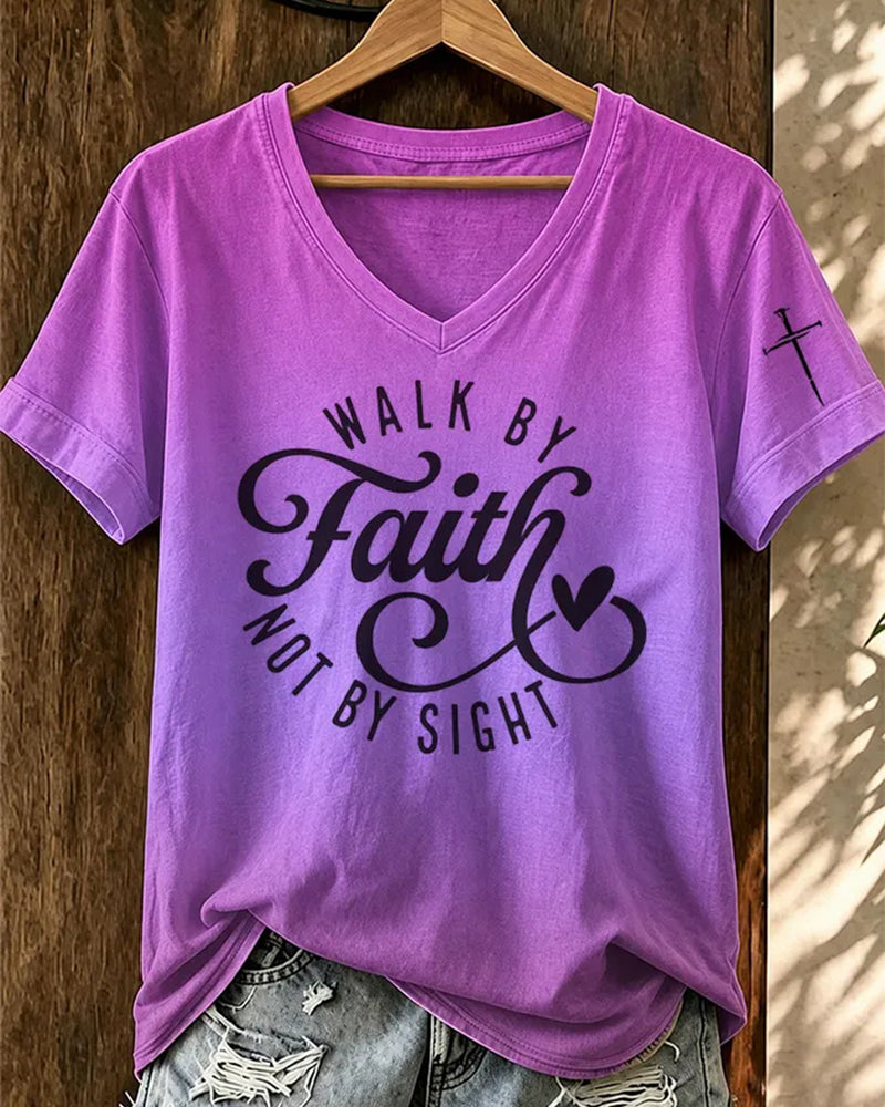WALK BY FAITH Cross Printed V-Neck Short Sleeve Tee
