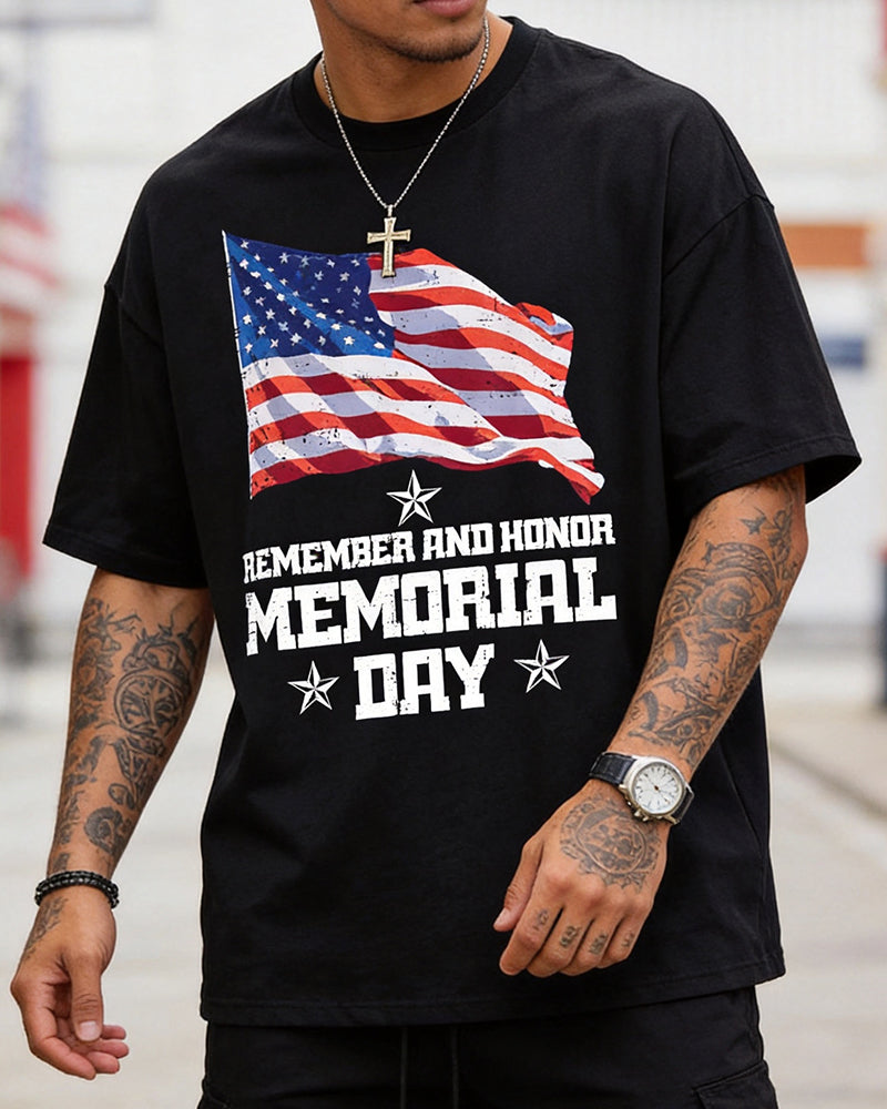 United States Memorial Day Remember And Honor United States Flag Printed Round Neck Short-Sleeve T-Shirt