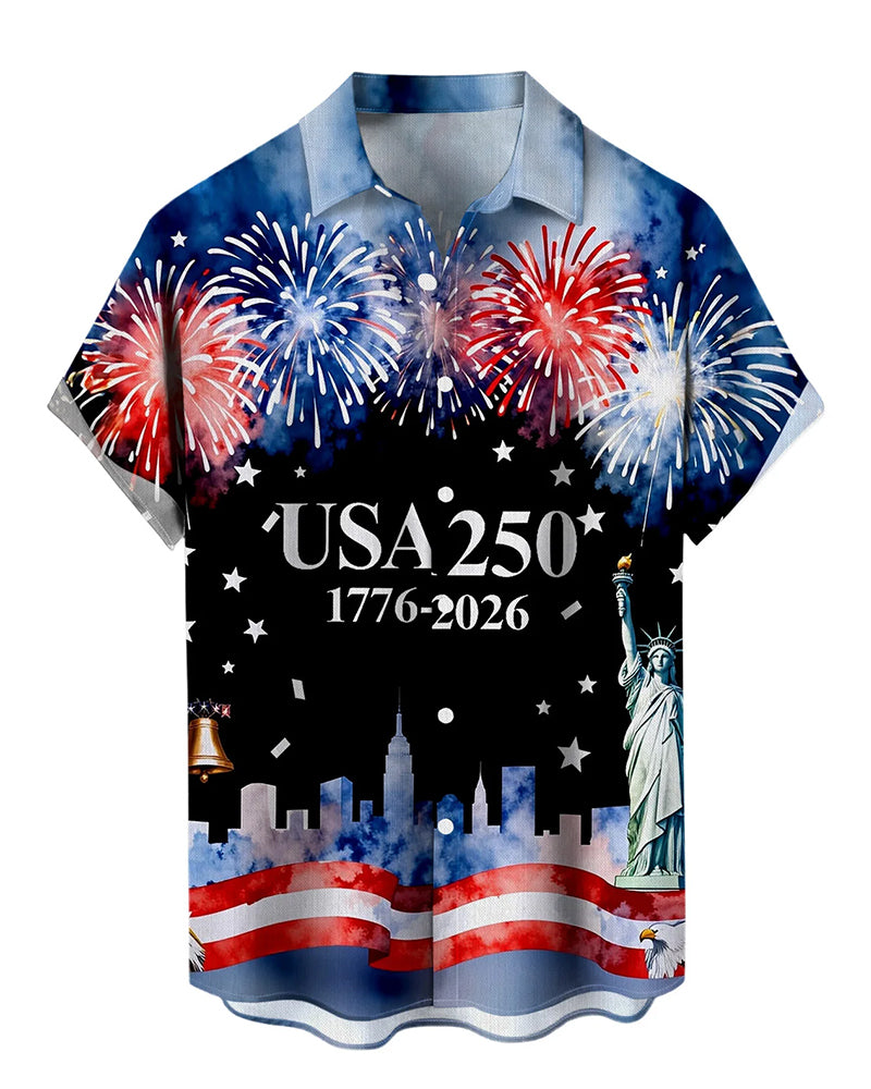 USA 250 Anniversary Fireworks Liberty Print Short Sleeve Shirt