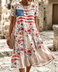 Flag Stitching Watercolor Rose Floral Round Neck Short Sleeve Holiday Midi Dress