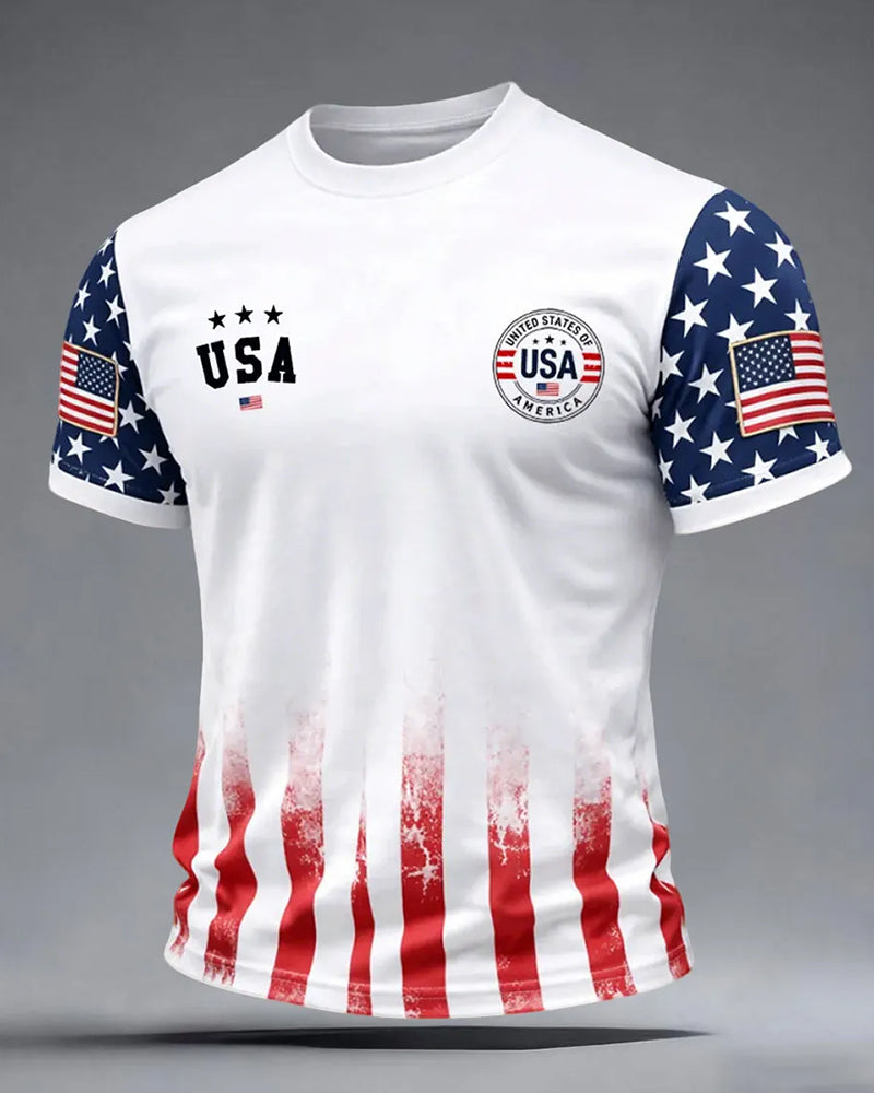 Striped Patchwork Star Sleeve USA Badge Short Sleeve Tee