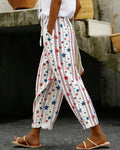 Vertical Stripe Red And Blue Five-pointed Star Printed Casual Cropped Pants
