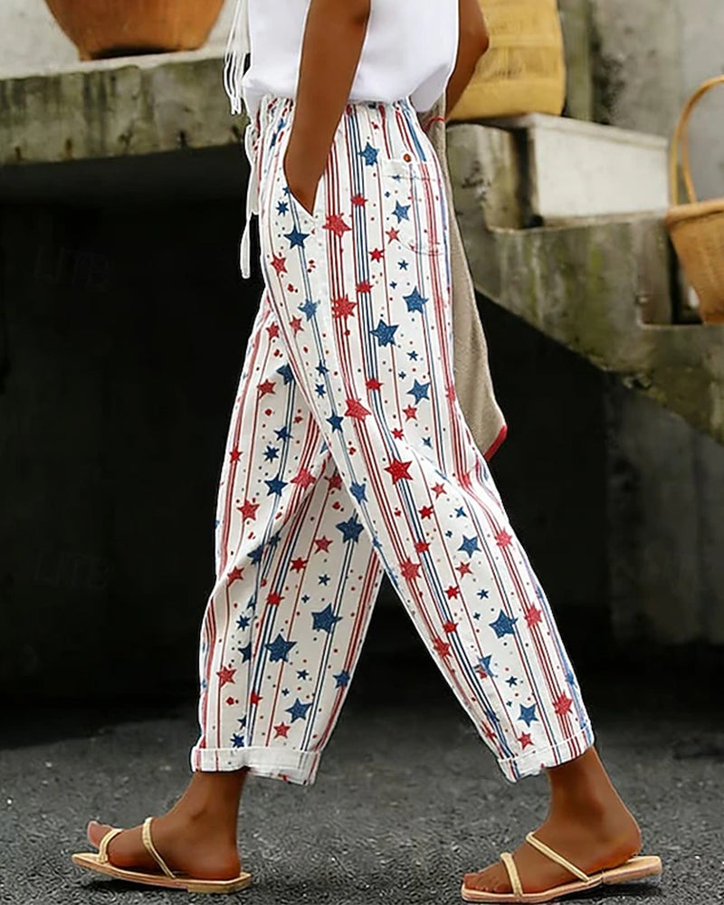 Vertical Stripe Red And Blue Five-pointed Star Printed Casual Cropped Pants