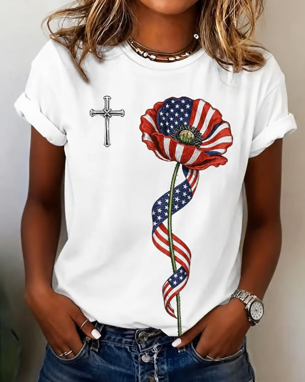 100% Cotton National Flag Morning Glory Crew Neck Short Sleeve Tshirt