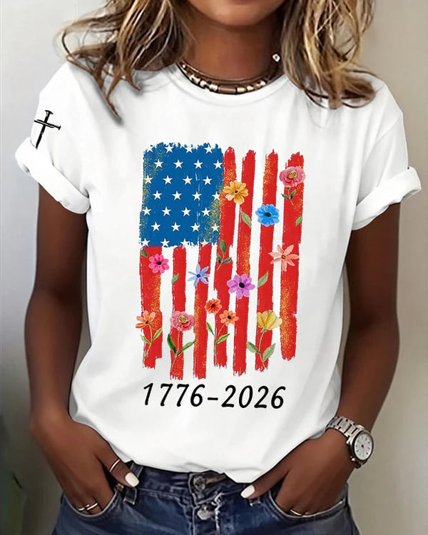 100% Cotton American Flag Flowers Crew Neck Short Sleeve Tshirt