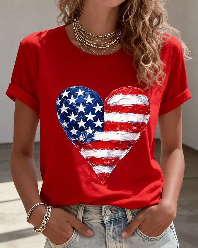 100% Cotton National Flag Heart Crew Neck Short Sleeve Tshirt