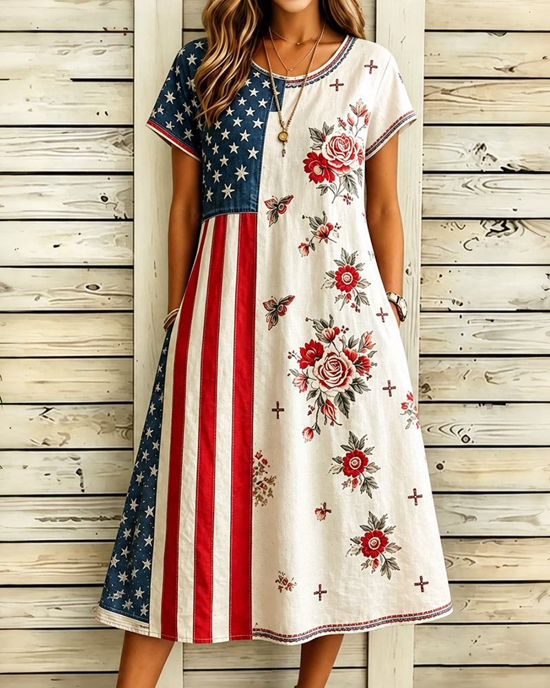 Flag Patchwork Rose Floral Print Round Neck Short Sleeve Casual A- Line Dress