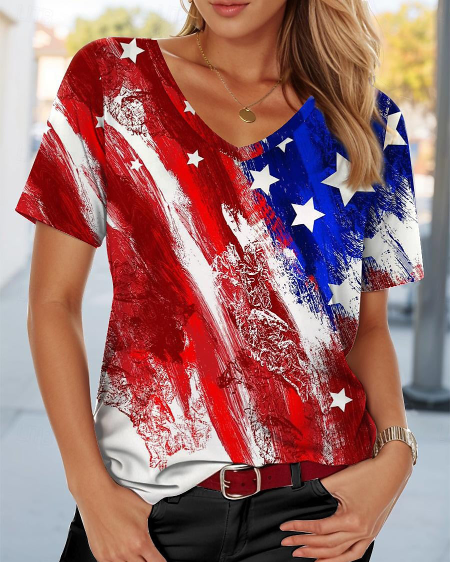 250th Anniversary Flag Graffiti Print V-neck Short Sleeve Tshirt