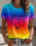 Rainbow Gradient Blessed Love Cross Printed Short Sleeve T-shirt