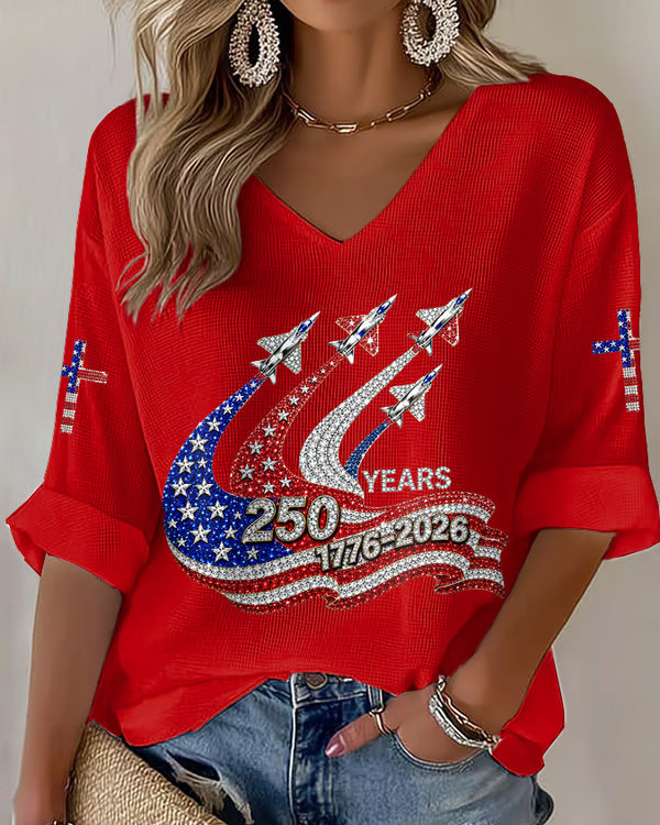 Women's American 250th Anniversary Cotton Linen Print V-neck Half Sleeved Loose Top