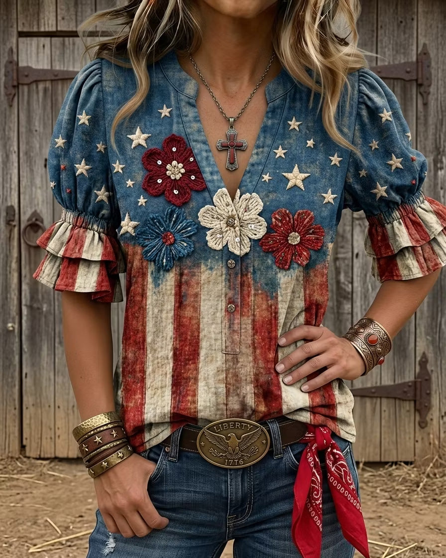 Vintage American Flag Art Print V-neck Puff Sleeve Ruffle Shirt