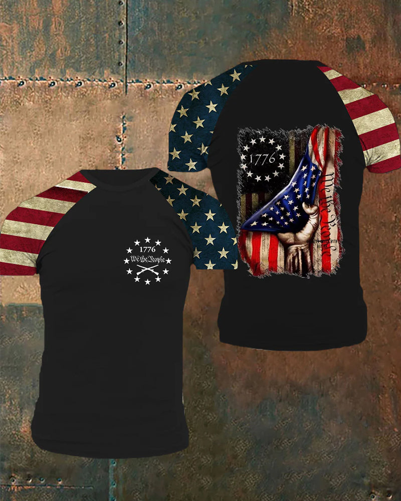 1776 Star Stripe Split Sleeve Tear Flag We The People Slogan Raglan Short Sleeve T-Shirt