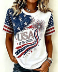 USA 1776-2026 Fireworks Star Element Printed Crewneck Short Sleeve T-shirt