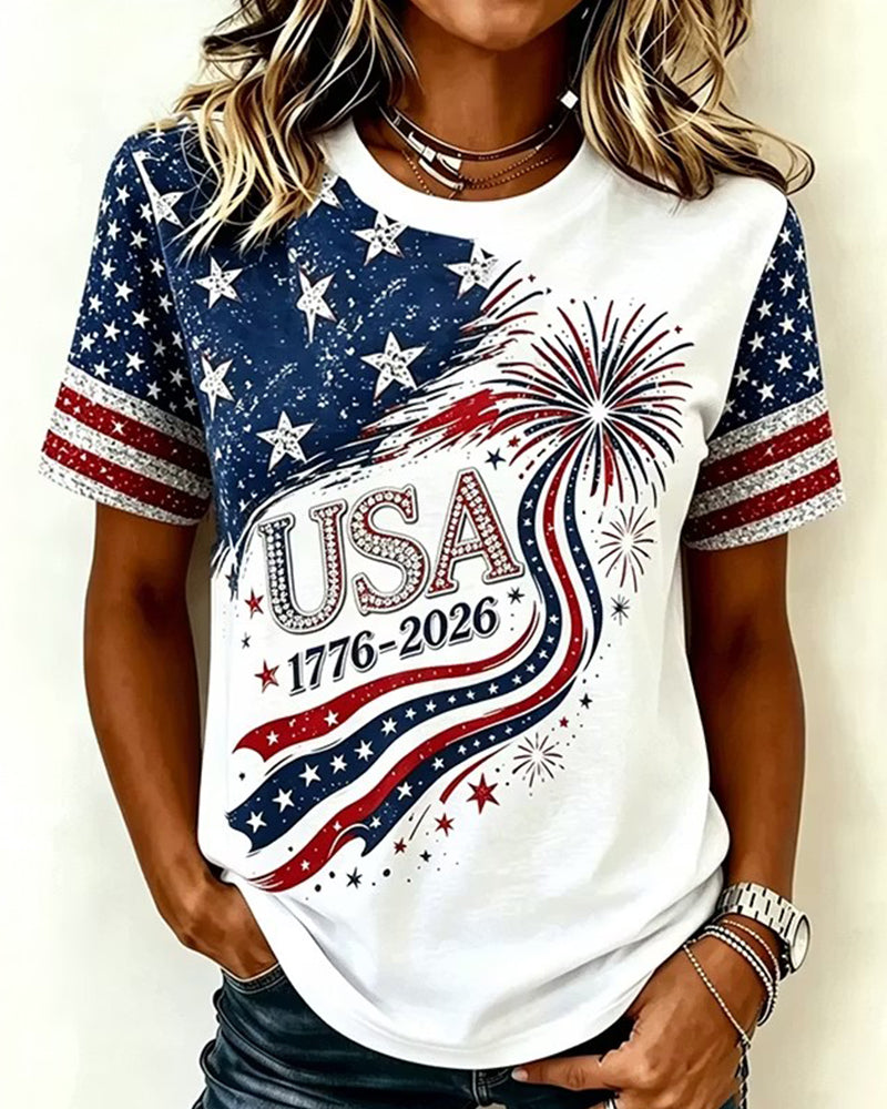 USA 1776-2026 Fireworks Star Element Printed Crewneck Short Sleeve T-shirt