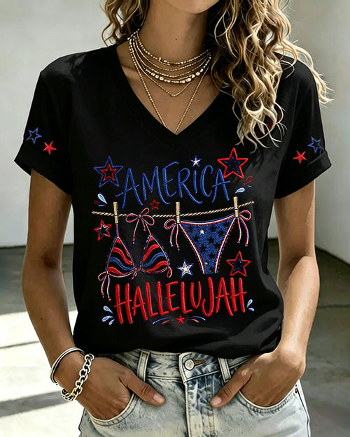 100% Cotton America Hallelujah V Neck Short Sleeve Tshirt