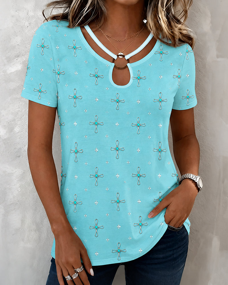Line Turquoise Small Cross Print Cut-out Short Sleeve T-shirt