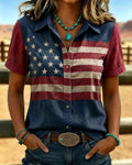 Retro Flag Print Lapel Button-Down Short-Sleeved Shirt