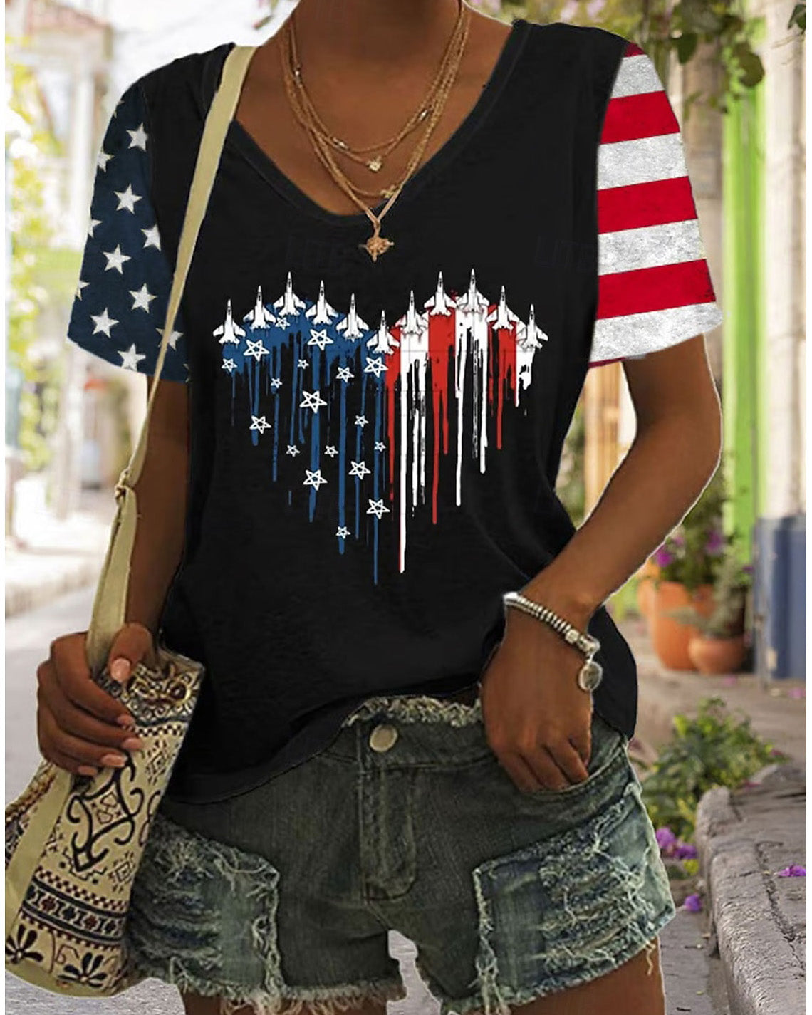 National Flag Spaceship Heart Print V-neck Short Sleeve Tshirt