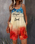 National Flag Graffiti and Faith Print Sleeveless Cami Short Jumpsuit With Side Pockets