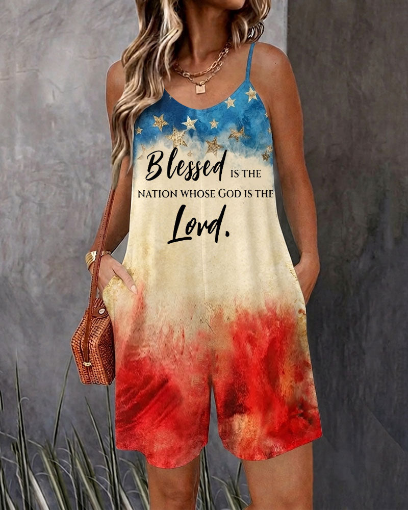 National Flag Graffiti and Faith Print Sleeveless Cami Short Jumpsuit With Side Pockets