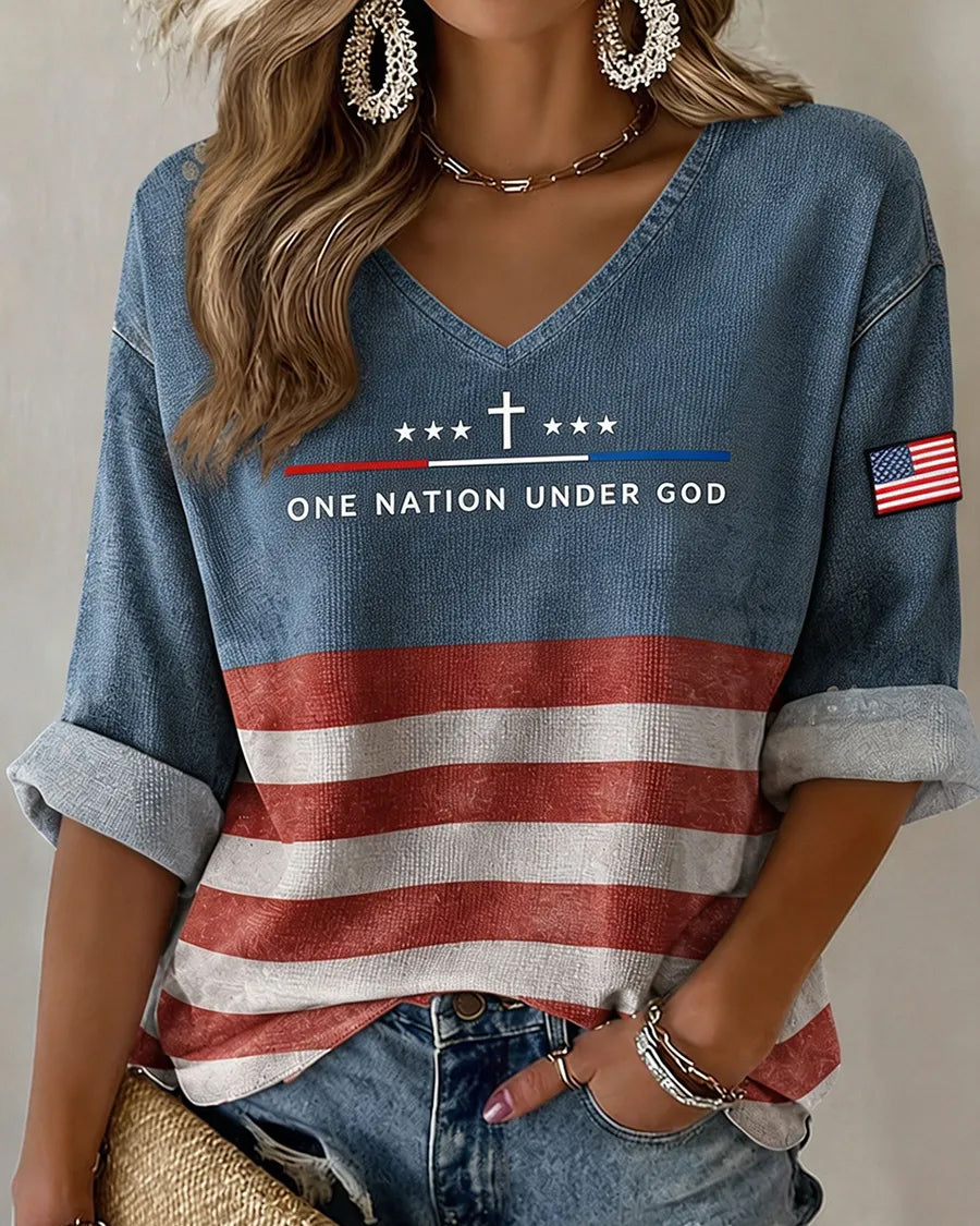 Women's One Nation Under God Cross Star Print V-neck Loose T-shirt
