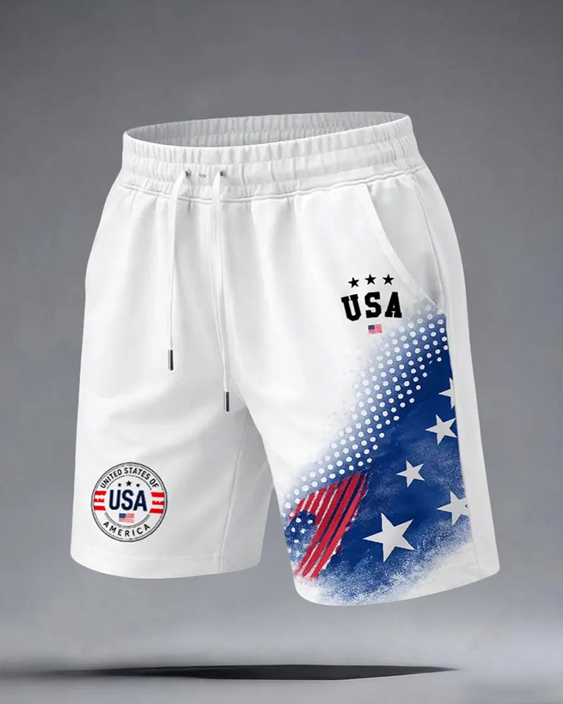 Gradient Polka-dot, Star-and-stripe–style USA Badge–printed Shorts