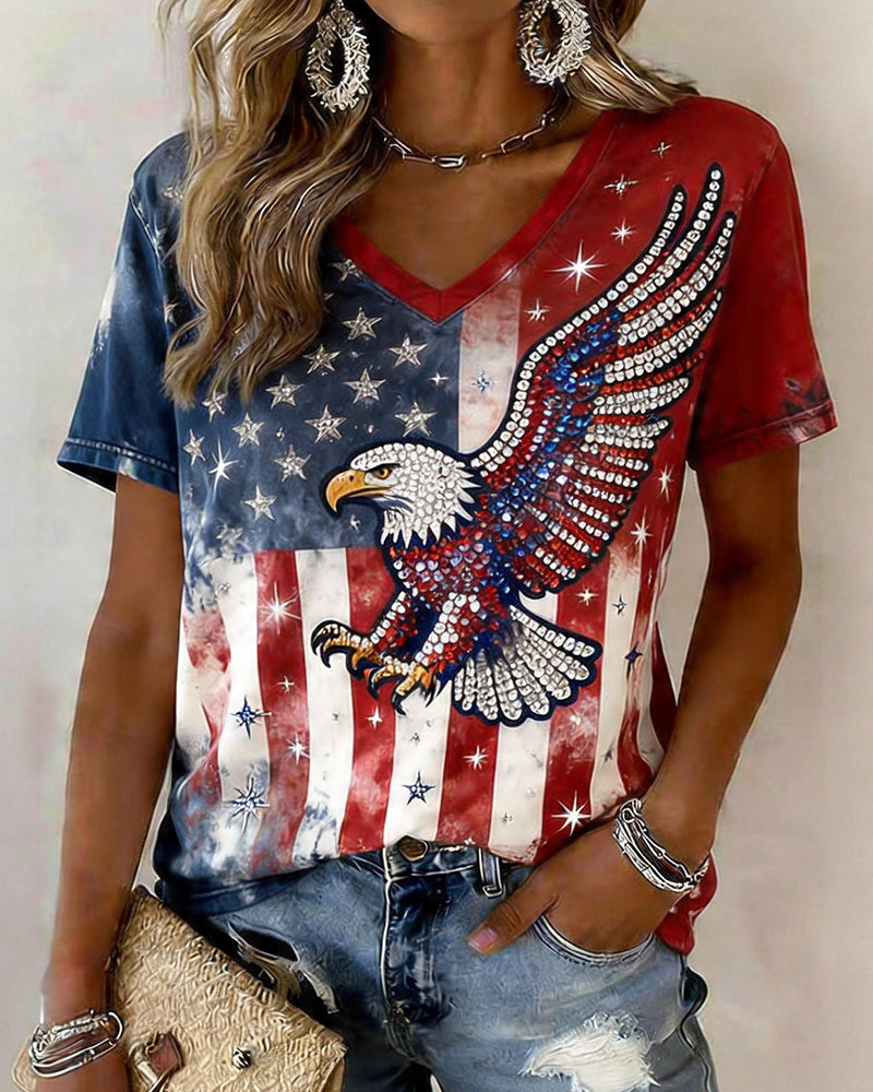 American Flag Rhinestone Eagle Print V-Neck Short Sleeve Tee
